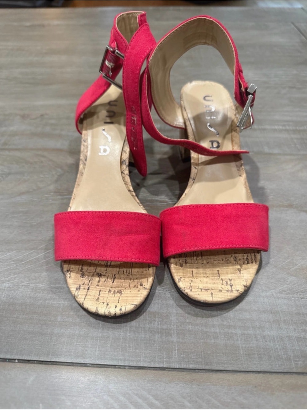 Unisa Red Cork-Trim Ankle Strap Sandals